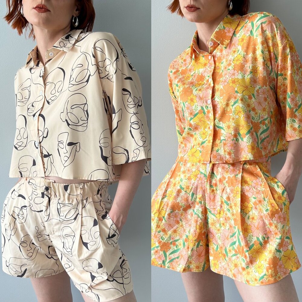 Lot of 2: Shorts And Crop Top Sets: Faces & Floral Patterns